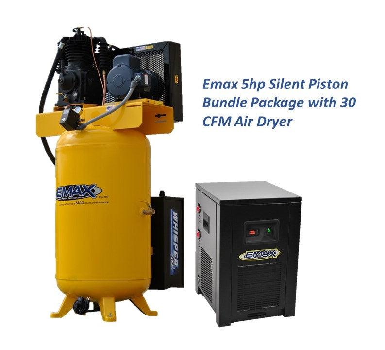 EMAX Silent Industrial Plus 5HP 208-230/460V 3-Phase 2-Stage 80 Gal. Vertical Stationary Electric Air Compressor w/ 30 CFM Dryer Bundle & Pressure Lube Pump