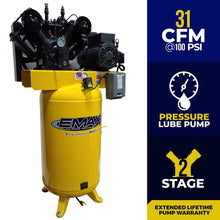 Load image into Gallery viewer, EMAX Industrial 100 PSI @ 31 CFM 80 gal. 208-230V 1-Phase Two Stage Vertical Stationary Air Compressor w/ Pressure Lube pump