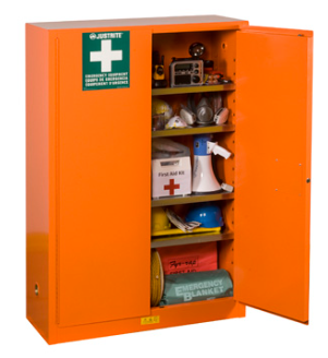 Justrite™ Emergency Preparedness Storage Cabinet, GloAlert™ Labels, 4 shelves, 2 keys, Orange