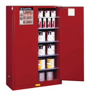 Justrite™ Sure-Grip® EX Combustibles Safety Cab. for P&I, 60 Gal., 5 shelves, 2 m/c door, Red