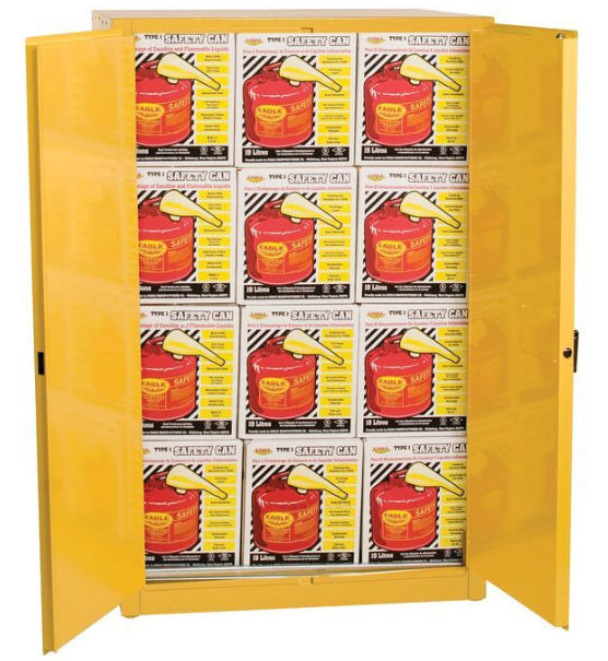 Eagle Flammables Safety Cabinet Combo, 60 Gal. Yellow,2 Door, Self Close with 12 UI50FS Safety Cans