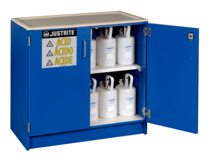 Justrite™ Wood laminate corrosives Undercounter safety cab, thirty-six 2-1/2 L bottles, 2 doors, Blue