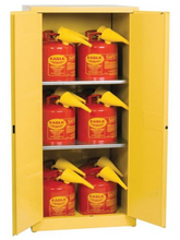 Load image into Gallery viewer, Eagle Flammables Safety Cabinet Combo, 60 Gal. Yellow,2 Door, Man. Close with 12 UI50FS Safety Cans