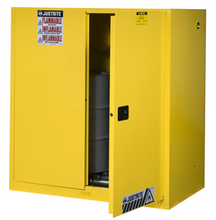 Load image into Gallery viewer, Sure-Grip® EX 60-gal.capacity Vertical Drum Safety Cabinet &amp; Drum Rollers w/ 1 Shelf &amp; 2 Self-Close Doors - Yellow