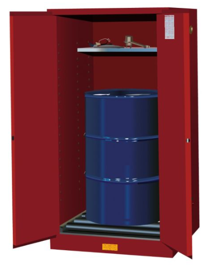 Justrite™ Sure-Grip® EX 55 Gallon, 1 Drum Vertical, 1 Shelf, 2 Doors, Self-Close, Flammable Cabinet w/ Drum Rollers, Red