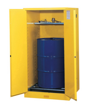 Load image into Gallery viewer, Justrite™ Sure-Grip® EX Vertical Drum Safety Cabinet and Drum Rollers, 55 Gal., 2 s/c doors, Yellow