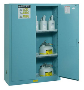 Justrite™ ChemCor® Corrosives/Acids Safety Cabinet, 45 Gal., 2 shelves, 2 self-close doors, Blue