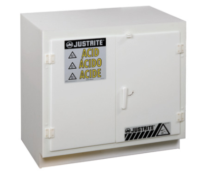 Justrite™ Undercounter corrosives/acid safety cabinet, thirty-six 2-1/2 L bottles, 2 door, White