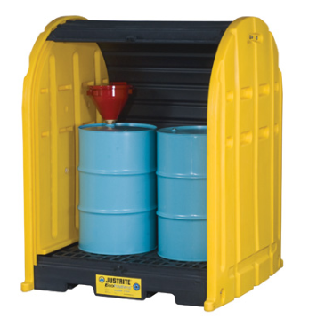 Justrite™ EcoPolyBlend® DrumShed with rolltop doors, accommodates 2 drums, optional ramp, Poly