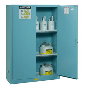 Justrite™ ChemCor® Corrosives/Acids Safety Cabinet, 45 Gal., 2 shelves, 2 manual-close doors, Blue