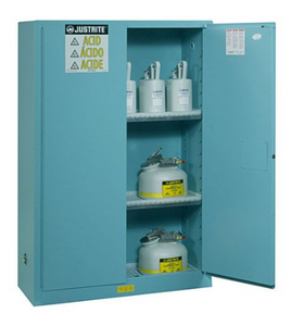 Justrite™ Sure-Grip® EX Corrosives/Acid Steel Safety Cab., 90 Gal., 2 shelves, 2 s/c doors, Blue