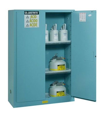 Justrite™ Sure-Grip® EX Corrosives/Acid Steel Safety Cab., 60 Gal, 2 shelves, 1 bifold s/c door, Blue