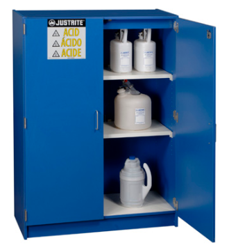 Justrite™ Wood laminate corrosives safety cabinet, forty-nine 2-1/2 liter bottles, 2 doors, Blue