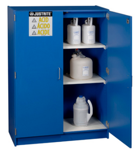 Justrite™ Wood laminate corrosives safety cabinet, forty-nine 2-1/2 liter bottles, 2 doors, Blue