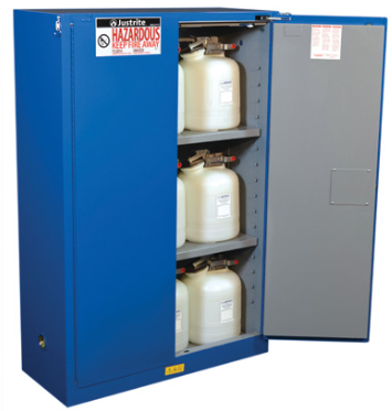 Justrite™ ChemCor® Hazardous Material Safety Cabinet, 45 Gal., 2 shelves, 2 s/c doors, Royal Blue