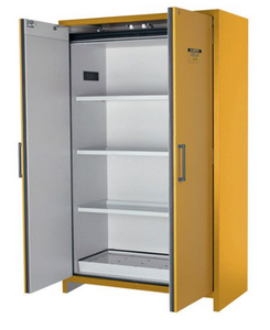 Justrite™ 90-Minute EN Flammable Safety Cabinet, 45 Gal., 3 shelves, 2 hybrid-close doors, Yellow