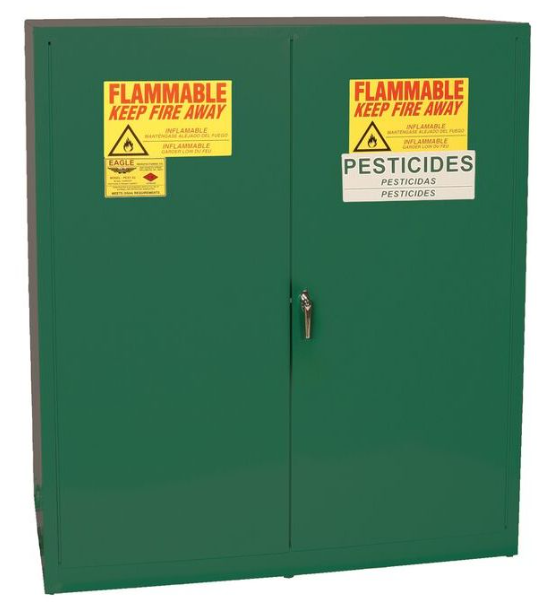 Eagle Pesticide Two Drum Vertical Safety Cabinet, 110 Gal., 1 Shelf, 2 Door, Manual Close, Green