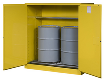 Load image into Gallery viewer, Justrite™ Sure-Grip® EX Vertical Drum Safety Cabinet and Drum Rollers, 110 Gal., 2 s/c doors, Yellow