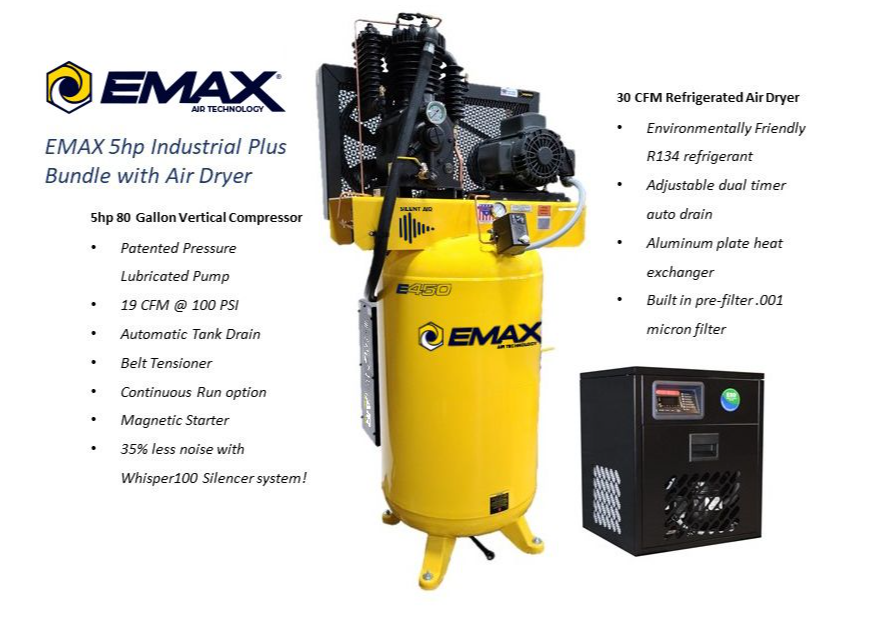 EMAX Silent Industrial Plus 5HP 208-230V 1-Phase 2-Stage 80 gal. Vertical Stationary Electric Air Compressor w/ 30 CFM Air Dryer