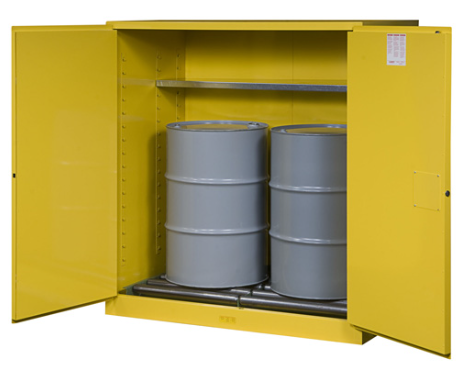 Justrite™ Justrite Sure-Grip® EX Vertical Drum Safety Cabinet and Drum Rollers, 110 Gal., 2 m/c doors, Yellow