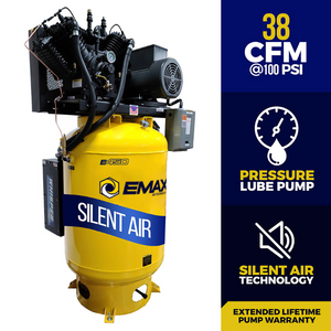 EMAX Silent Air System 2 Stage Pressure Lubricated 3 Phase 120 Gallon 10 HP Air Compressor