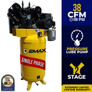 EMAX Industrial 175 PSI @ 38 CFM Belt Drive 10HP 208-230V 1-Phase 2 Stage 80 gal. Vertical Stationary Electric Air Compressor