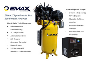 EMAX Silent Industrial Plus 10HP 208-230/460V 3-Phase 80 gal. Vertical Stationary Electric Air Compressor w/ 58 CFM Dryer Bundle & Pressure Lube Pump