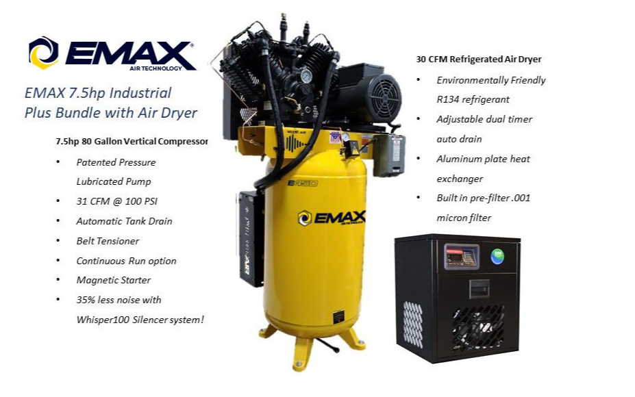 EMAX Silent Industrial Plus 175 PSI @ 31 CFM Belt Drive 7.5HP 208-230/460V 3-Phase 2-Stage 80 gal. Vertical Stationary Air Compressor w/ 30 CFM Dryer Bundle & Pressure Lube Pump
