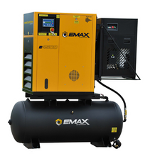 Load image into Gallery viewer, Emax 20HP 208-230/460V 3-Phase Rotary Screw Swing Arm S/N, 58CFM Dryer S/N, 120 gal. Horizontal Tank - Black w/ Auto Drain &amp; Hydraulic Hose
