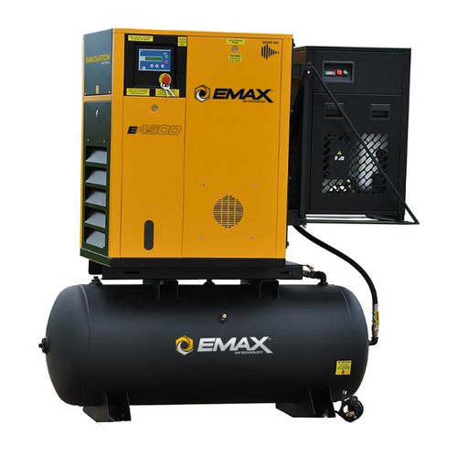 Emax 15HP 208-230/460V 3-Phase Rotary Screw Swing Arm S/N, 58CFM Dryer S/N, 120 gal. Horizontal Tank - Black w/ Auto Drain & Hydraulic Hose