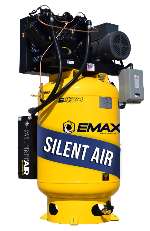 EMAX Premium 7.5HP 208-230/460V 3-Phase 120 gal. Vertical Stationary Electric Air Compressor w/ Air Silencer & Pressure Lube Pump
