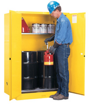 Load image into Gallery viewer, Justrite™ Sure-Grip® EX Vertical Drum Safety Cabinet and Drum Rollers, 60 Gal., 2 m/c doors, Yellow