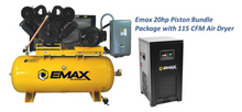 Load image into Gallery viewer, EMAX NON-Silent Air Industrial Plus 175 PSI @ 82 CFM 20HP 3 Cycle 208-230/460V 3-Phase 120 gal Horz. Compressor w/ 115 CFM Air Dryer Bundle &amp; Pressure Lube Pump