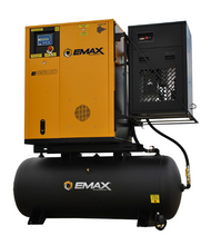 Load image into Gallery viewer, EMAX Rotary Screw 145 PSI @ 29 CFM Belt Drive 7.5HP 208-230/460V 3-Phase Swing Arm Package w/ 30 CFM Dryer &amp; 120 gal. Horizontal Tank - Matte Black w/ Auto Drain &amp; Hydraulic Hose