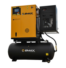 Load image into Gallery viewer, EMAX 7.5HP 203-230V 1-Phase Rotary Screw Swing Arm Air Compressor : 30CFM Dryer : 120 Gallon Horizontal Tank - Matte Black w/ Auto Drain &amp; Hydraulic Hoses