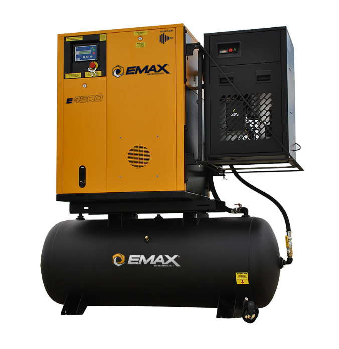 EMAX 7.5HP 203-230V 1-Phase Rotary Screw Swing Arm Air Compressor : 30CFM Dryer : 120 Gallon Horizontal Tank - Matte Black w/ Auto Drain & Hydraulic Hoses