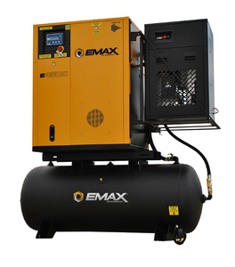 EMAX ERVK070003 7.5HP 3PH 208-230V/460V 24CFM Energy Efficient Variable Speed Rotary Screw Swing Arm :: 30CFM Dryer :: 120 Gallon Horizontal Tank - Matte Black w/ Auto Drain & Hydraulic Hoses