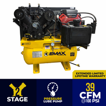 Load image into Gallery viewer, EMAX Industrial Plus 175 PSI @ 34 CFM Two Stage 18HP 60 ga.l Honda Horizontal Gas Air Compressor  w/ Gas Tank &amp; Pressure Lube Pump (Electric Start)