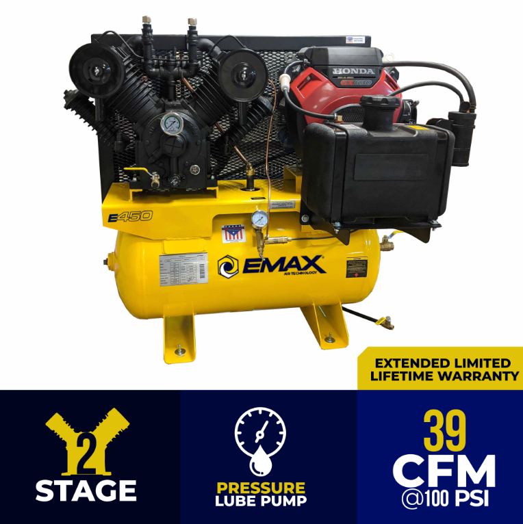 EMAX Industrial Plus 175 PSI @ 34 CFM Two Stage 18HP 60 ga.l Honda Horizontal Gas Air Compressor  w/ Gas Tank & Pressure Lube Pump (Electric Start)