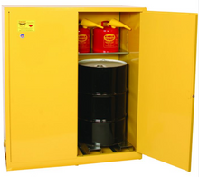 Load image into Gallery viewer, Eagle Two Drum Vertical Safety Cabinet, 110 Gal., 1 Shelf, 2 Door, Manual Close, Yellow