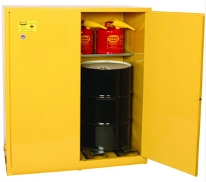 Eagle Two Drum Vertical Safety Cabinet, 110 Gal., 1 Shelf, 2 Door, Manual Close, Yellow