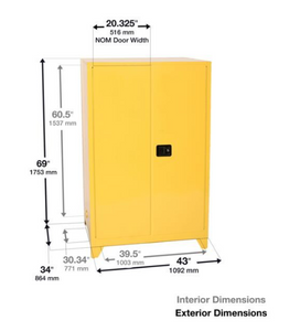 Eagle Haz-Mat Two Drum Vertical Cabinet, 60 Gal., 1 Shelf, 2 Door, Self Close, Yellow