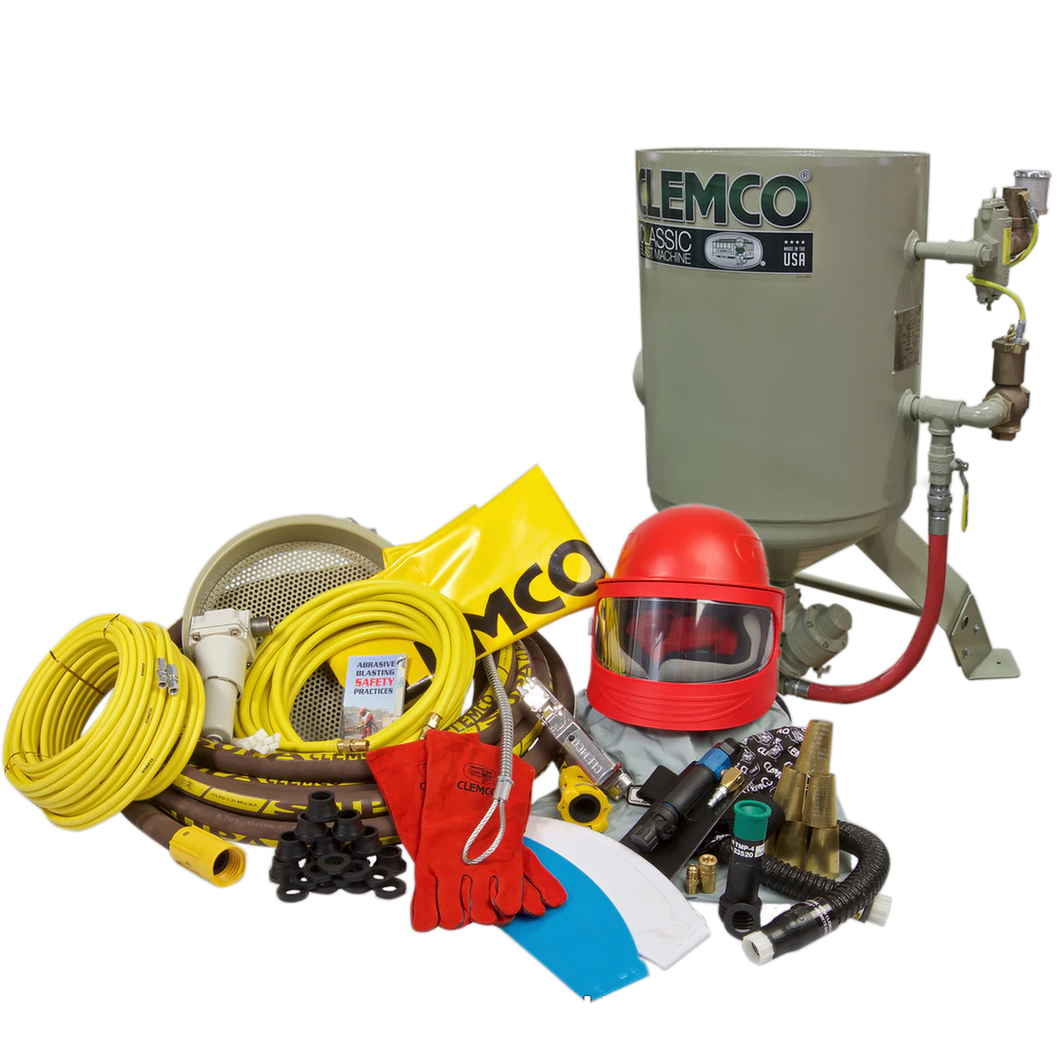 Clemco 23895 6-Cubic Classic Blast Machine System (2452-300-AA System w/ 1.25” piping, Blast Machine 01187, Apollo 600 LP DLX (for use with ambient air) Respirator w/ Constant Flow Connector (CFC), 50’ Respirator Hose & Accessory Package)