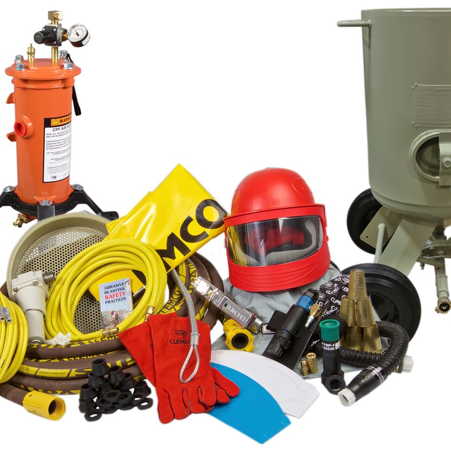 Clemco 23910 6 Cubic Foot Blast Machine Packages with 1-1/4” piping  24” diameter - Auto Quantum Valve with Abrasive Cut off Switch - Safety Gear