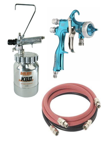 Devilbiss KB Pressure Cup (2quart) w/ Binks Trophy HVLP Pressure Fed Spray Gun with 1.2 MM, 1.4 MM, 1.8MM Fluid Nozzle & 6' Foot Fluid & Air Hose