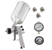 Load image into Gallery viewer, Devilbiss GPG Gravity HVLP Gun Kit - GPG2 Air Cap 1.3mm, 1.5mm, 1.8mm Nozzles &amp; 900ml. Aluminum w/ HAV-501 Gauge