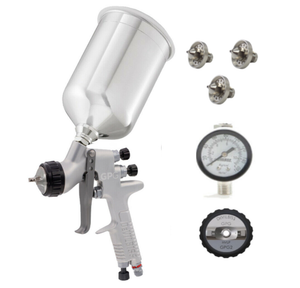 Devilbiss GPG Gravity HVLP Gun Kit - GPG2 Air Cap 1.3mm, 1.5mm, 1.8mm Nozzles & 900ml. Aluminum w/ HAV-501 Gauge