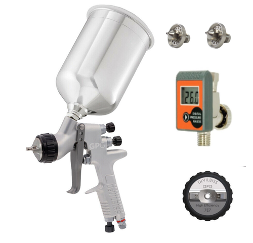 Devilbiss GPG Gravity High Efficiency Gun Kit - 7E7 Air Cap 1.3mm, 1.4mm Nozzles & 900ml, Aluminum Cup w/ HAV-555 Gauge