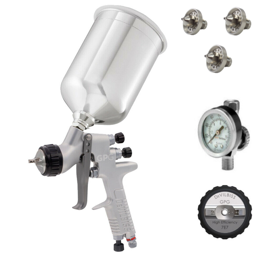 Devilbiss GPG Gravity High Efficiency Gun Kit - 7E7 Air Cap 1.2mm, 1.3mm, 1.4mm Nozzles & 900ml, Aluminum Cup w/ HAV-501 Gauge