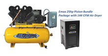 Load image into Gallery viewer, EMAX NON-Silent Air Industrial Plus 175 PSI @ 82 CFM 25HP 3 Cycle 208-230/460V 3-Phase 120 gal Horz. Compressor w/ 115 CFM Air Dryer Bundle &amp; Pressure Lube Pump